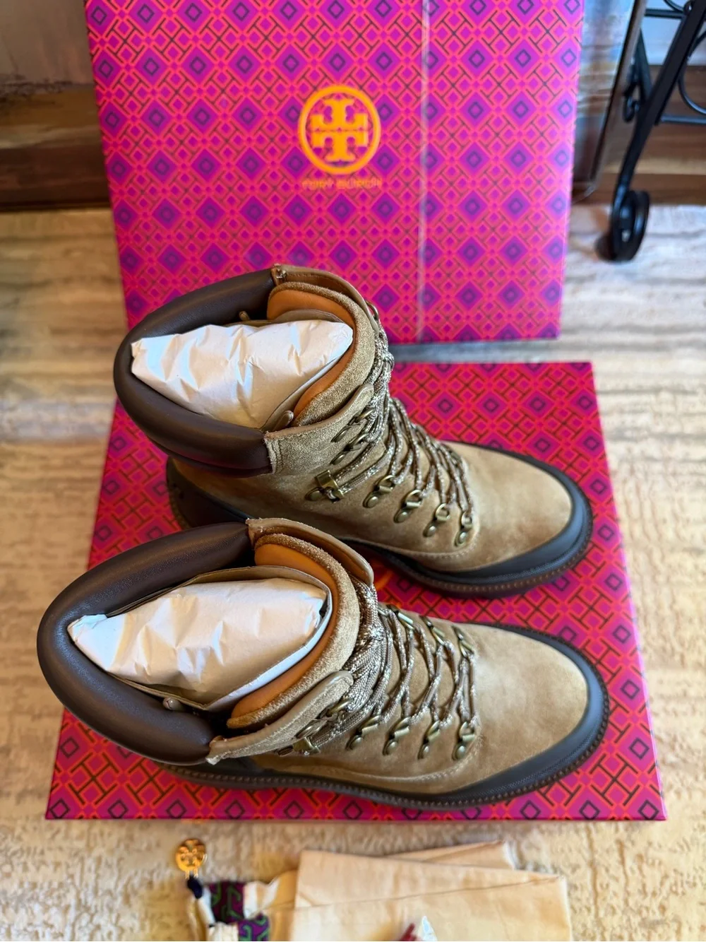 Tory Burch Suede Lug Sole Lace-Up Hiker Ankle Boots
